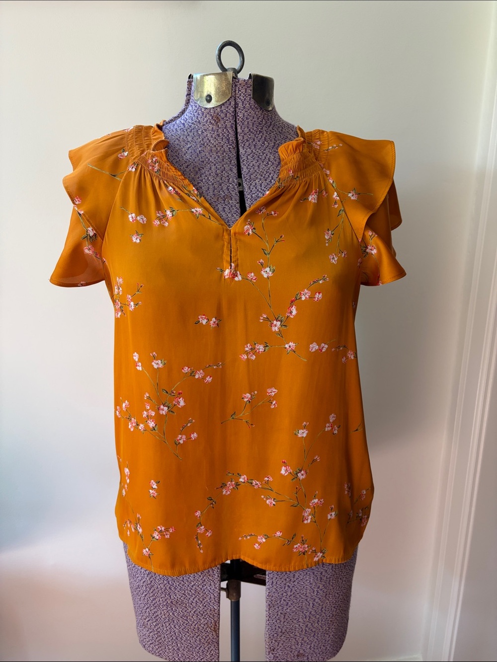 Express Mustard Floral Flutter-Sleeve Blouse